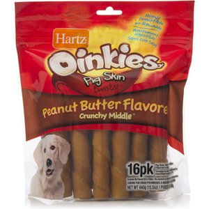 Hartz Oinkies 5" Pig Skin Twists with Peanut Butter Flavor Crunchy Middle Dog Treats, 16 count