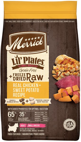 Merrick Lil' Plates Grain-Free Small Breed Dry Dog Food Real Chicken, Sweet Potatoes + Peas With Raw Bites Recipe, 4-lb bag slide 1 of 9