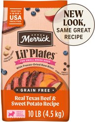 Merrick Lil' Plates Grain-Free Chicken-Free Real Texas Beef, Sweet Potato + Peas with Raw Bites Recipe Small Breed Dry Dog Food, 10-lb bag