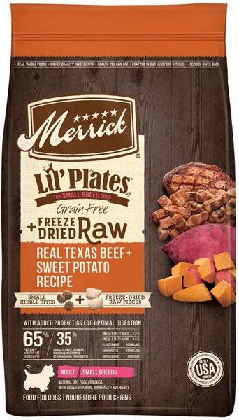 Merrick Lil' Plates Grain-Free Chicken-Free Real Texas Beef, Sweet Potato + Peas With Raw Bites Recipe Small Breed Dry Dog Food, 10-lb bag slide 1 of 9