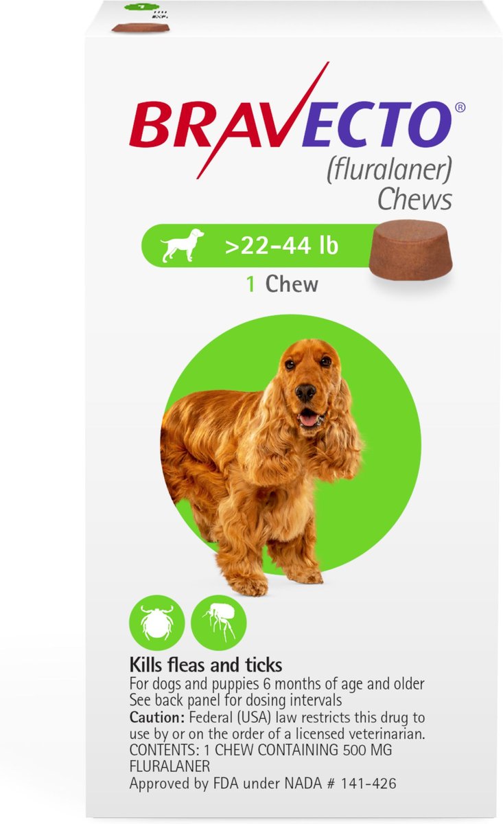 BRAVECTO Chew for Dogs, 22-44 lbs, (Green Box), 1 Chew (12-wks