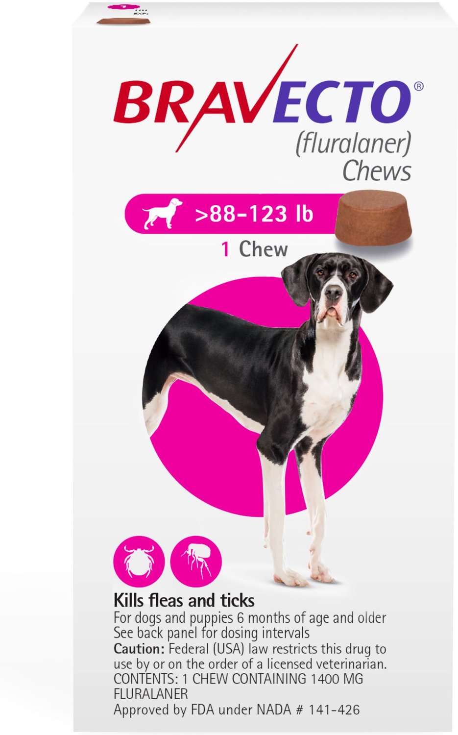 BRAVECTO Chew for Dogs, 88-123 lbs, (Pink Box), Chew (12-wks. supply) 