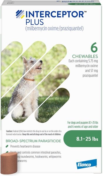 Interceptor Plus Chew for Dogs, 8.1-25 lbs, (Green Box), 6 Chews (6-mos. supply) slide 1 of 9