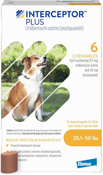 Interceptor Plus Chew for Dogs, 25.1-50 lbs, (Yellow Box), 6 Chews (6-mos. supply) slide 1 of 10