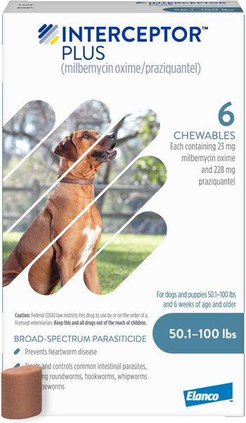 Interceptor Plus Chew for Dogs, 50.1-100 lbs, (Blue Box), 6 Chews (6-mos. supply) slide 1 of 9