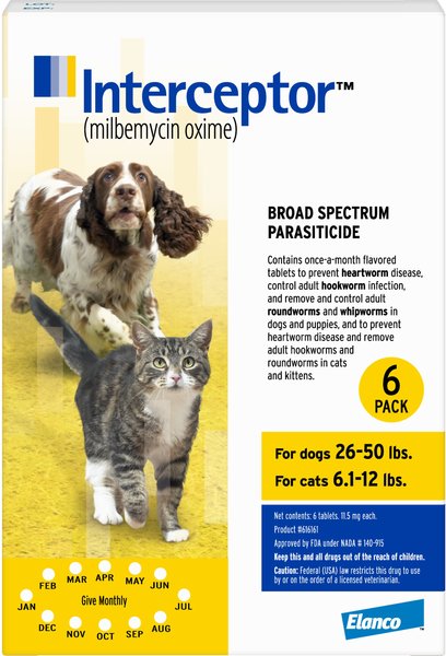 Interceptor Chewable Tablet for Dogs, 26-50 lbs, & Cats, 6.1-12 lbs, (Yellow Box), 6 Chewable Tablets (6-mos. supply) slide 1 of 4