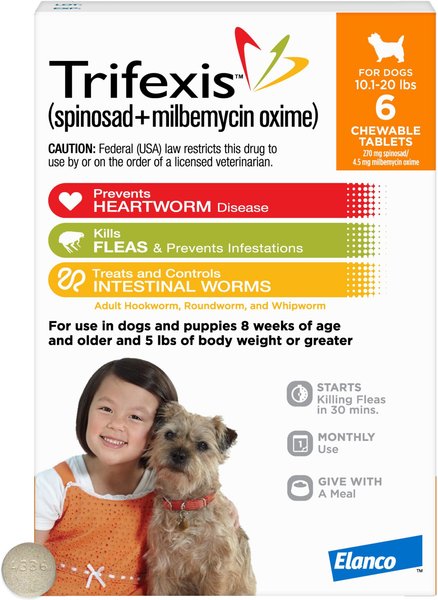 Trifexis Chewable Tablet for Dogs, 10.1-20 lbs, (Orange Box), 6 Chewable Tablets (6-mos. supply) slide 1 of 10