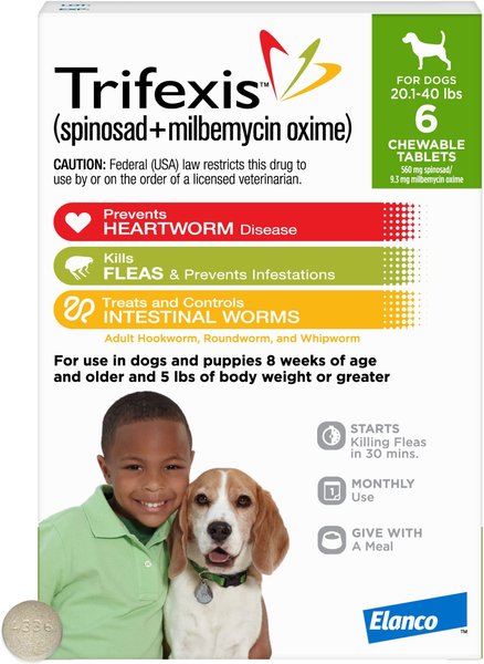 Trifexis Chewable Tablet for Dogs, 20.1-40 lbs, (Green Box), 6 Chewable Tablets (6-mos. supply) slide 1 of 10