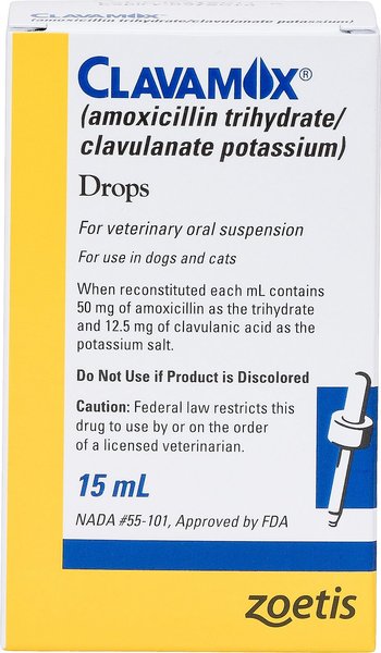 Clavamox (Amoxicillin / Clavulanate Potassium) Oral Suspension for Dogs & Cats, 15-mL slide 1 of 6