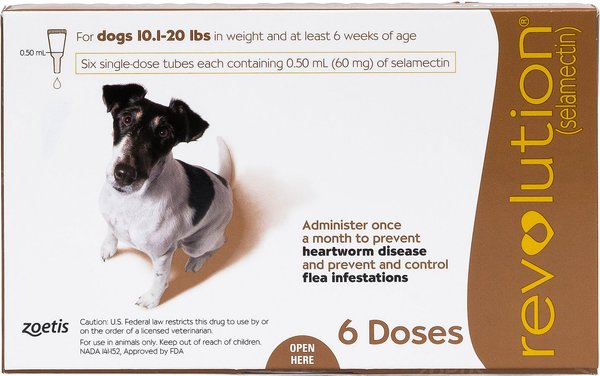 Revolution Topical Solution for Dogs, 10.1-20 lbs, (Brown Box), 6 Doses (6-mos. supply) slide 1 of 5