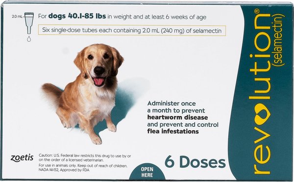 Revolution Topical Solution for Dogs, 40.1-85 lbs, (Teal Box), 6 Doses (6-mos. supply) slide 1 of 5