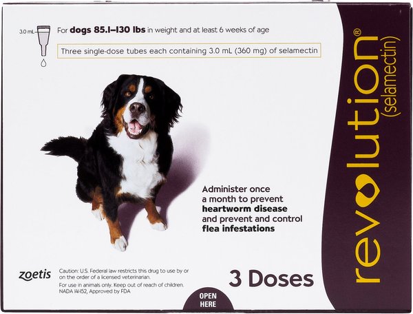 Revolution Topical Solution for Dogs, 85.1-130 lbs, (Plum Box), 3 Doses (3-mos. supply) slide 1 of 5