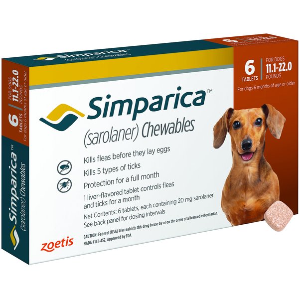 SIMPARICA Chewable Tablet for Dogs, 11.1-22 lbs, (Orange Box), 6 ...