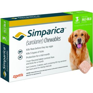 Simparica Chewable Tablet for Dogs, 44.1-88 lbs, (Green Box), 3 Chewable Tablets (3-mos. supply)