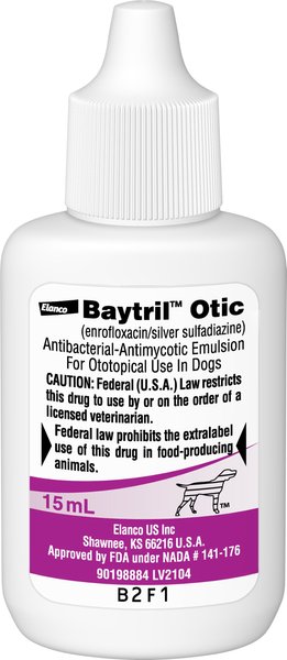 Baytril (Enrofloxacin / Silver Sulfadiazine) Otic Solution for Dogs, 15-mL slide 1 of 5