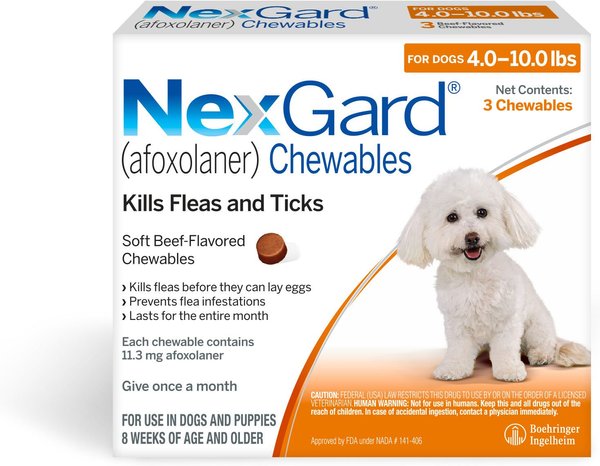 NexGard Chew for Dogs, 4-10 lbs, (Orange Box), 3 Chews (3-mos. supply) slide 1 of 11