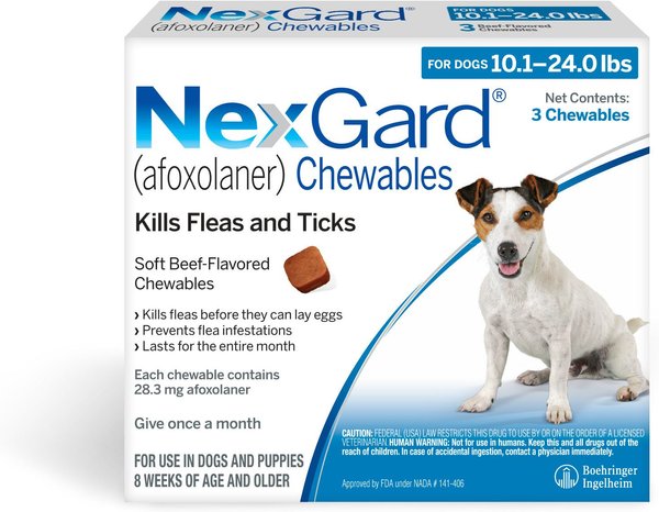 NexGard Chew for Dogs, 10.1-24 lbs, (Blue Box), 3 Chews (3-mos. supply) slide 1 of 11