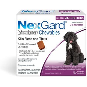NexGard Chew for Dogs, 24.1-60 lbs, (Purple Box), 3 Chews (3-mos. supply)