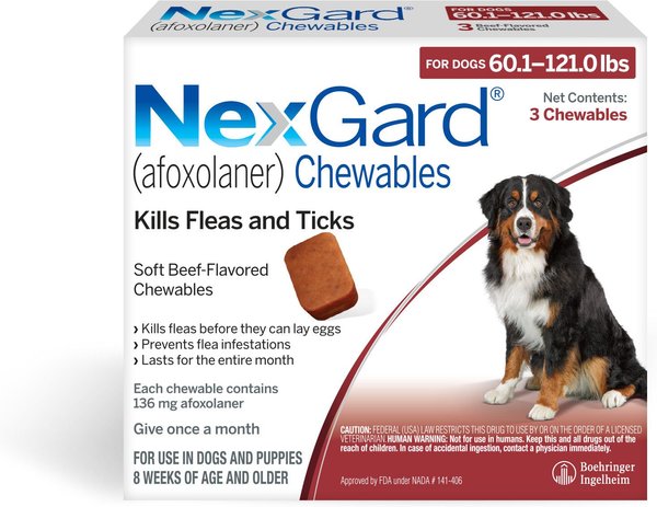 NexGard Chew for Dogs, 60.1-121 lbs, (Red Box), 3 Chews (3-mos. supply) slide 1 of 11