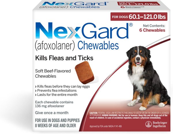 NexGard Chew for Dogs, 60.1-121 lbs, (Red Box), 6 Chews (6-mos. supply) slide 1 of 11
