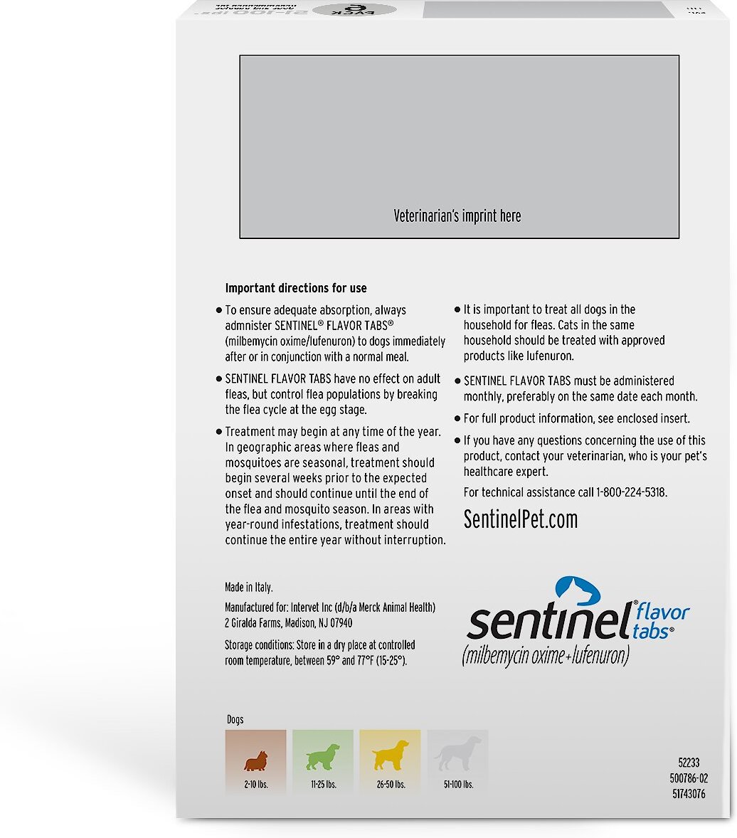 SENTINEL Tablet for Dogs 51 100 lbs White Box 6 Tablets 6