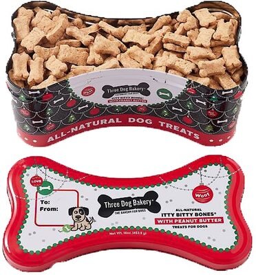 Three Dog Bakery Peanut Butter Itty Bitty Bones With Holiday Tin Dog Treats, 16-oz tin, slide 1 of 1