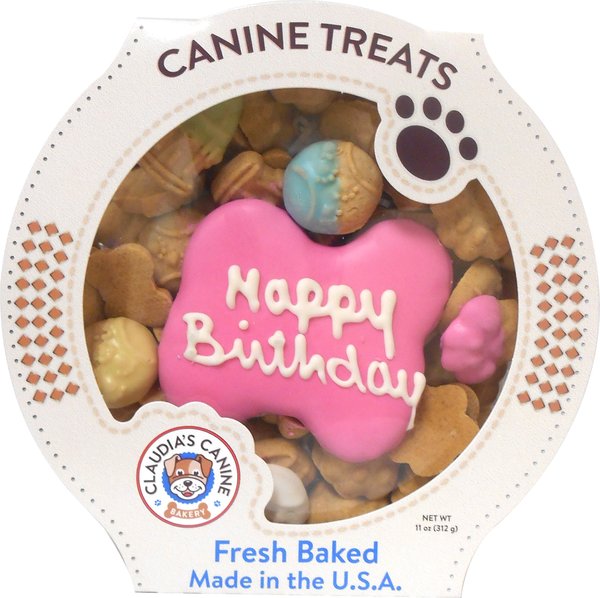 Claudia's Canine Bakery Happy Birthday Peanut Butter Cookie Dog Treats, 11-oz tub, Pink slide 1 of 5