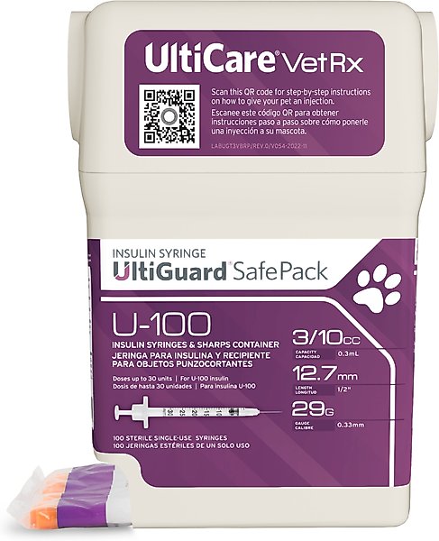 UltiCare VetRx UltiGuard SafePack Insulin Syringes and Sharps Container U-100 12.7mm x 29G, 0.3-cc, 100 syringes slide 1 of 10