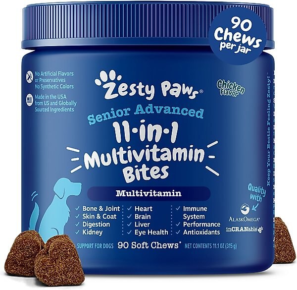 Zesty Paws Senior Advanced 11-in-1 Bites Chicken Flavored Soft Chews Multivitamin for Senior Dogs, 90 count slide 1 of 9