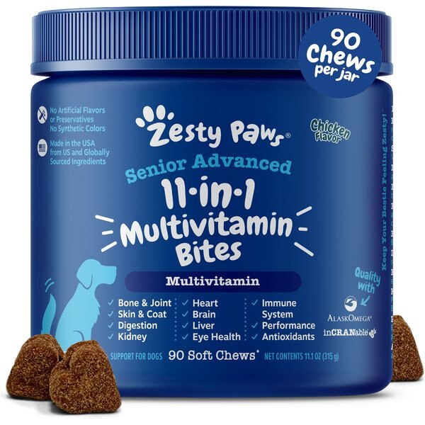 ZESTY PAWS Senior Advanced 11-in-1 Bites Chicken Flavored Soft Chews ...