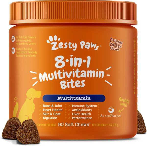 Zesty Paws 8-in-1 Bites Peanut Butter Flavored Soft Chews Multivitamin for Dogs, 90 count slide 1 of 9