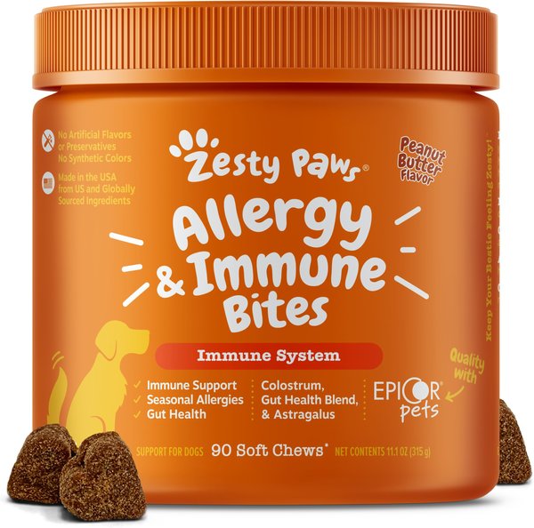 Zesty Paws Aller-Immune Bites Peanut Butter Flavored Soft Chews Allergy & Immune Supplement for Dogs, 90 count slide 1 of 9