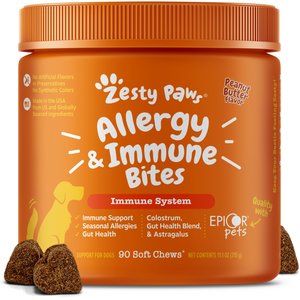 Zesty Paws Allergy & Immune Bites Peanut Butter Flavored Soft Chews Allergies, Immune, & Gut Support Supplement for Dogs, 90 count