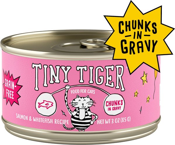 Tiny Tiger Chunks in Gravy Salmon & Whitefish Recipe Grain-Free Canned Cat Food, 3-oz can, case of 24 slide 1 of 9