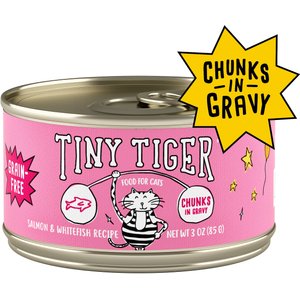 Tiny Tiger Chunks in Gravy Salmon & Whitefish Recipe Grain-Free Canned Cat Food, 3-oz, case of 24