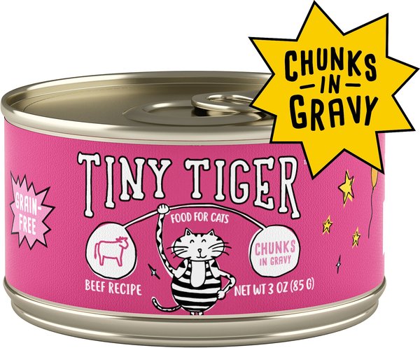 Tiny Tiger Chunks in Gravy Beef Recipe Grain-Free Canned Cat Food, 3-oz can, case of 24 slide 1 of 9