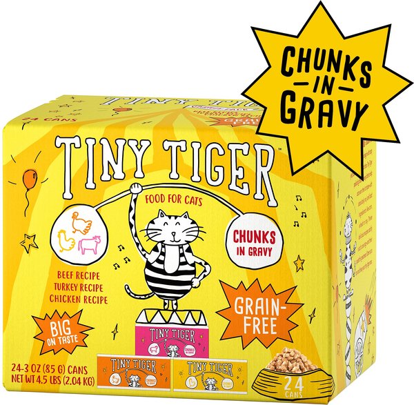 Tiny Tiger Chunks in Gravy Beef & Poultry Recipes Variety Pack Grain-Free Canned Cat Food, 3-oz, case of 24 slide 1 of 9