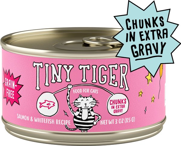 Tiny Tiger Chunks in EXTRA Gravy Salmon & Whitefish Recipe Grain-Free Canned Cat Food, 3-oz can, case of 24 slide 1 of 9