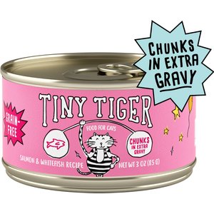 Tiny Tiger Chunks in EXTRA Gravy Salmon & Whitefish Recipe Grain-Free Canned Cat Food, 3-oz can, case of 24