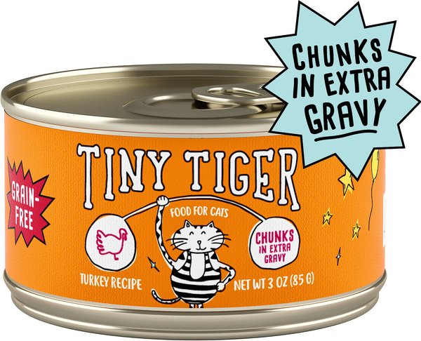 Tiny Tiger Chunks in EXTRA Gravy Turkey Recipe Grain-Free Canned Cat Food, 3-oz can, case of 24 slide 1 of 9