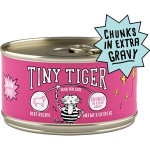 Tiny Tiger Chunks in EXTRA Gravy Beef Recipe Grain-Free Canned Cat Food, 3-oz can, case of 24