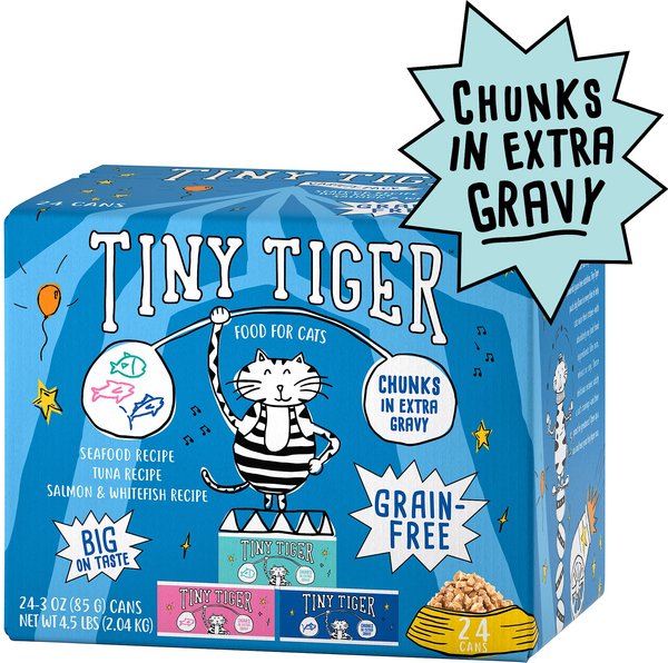Tiny Tiger Chunks in EXTRA Gravy Seafood Recipes Variety Pack Grain-Free Canned Cat Food, 3-oz can, case of 24 slide 1 of 8
