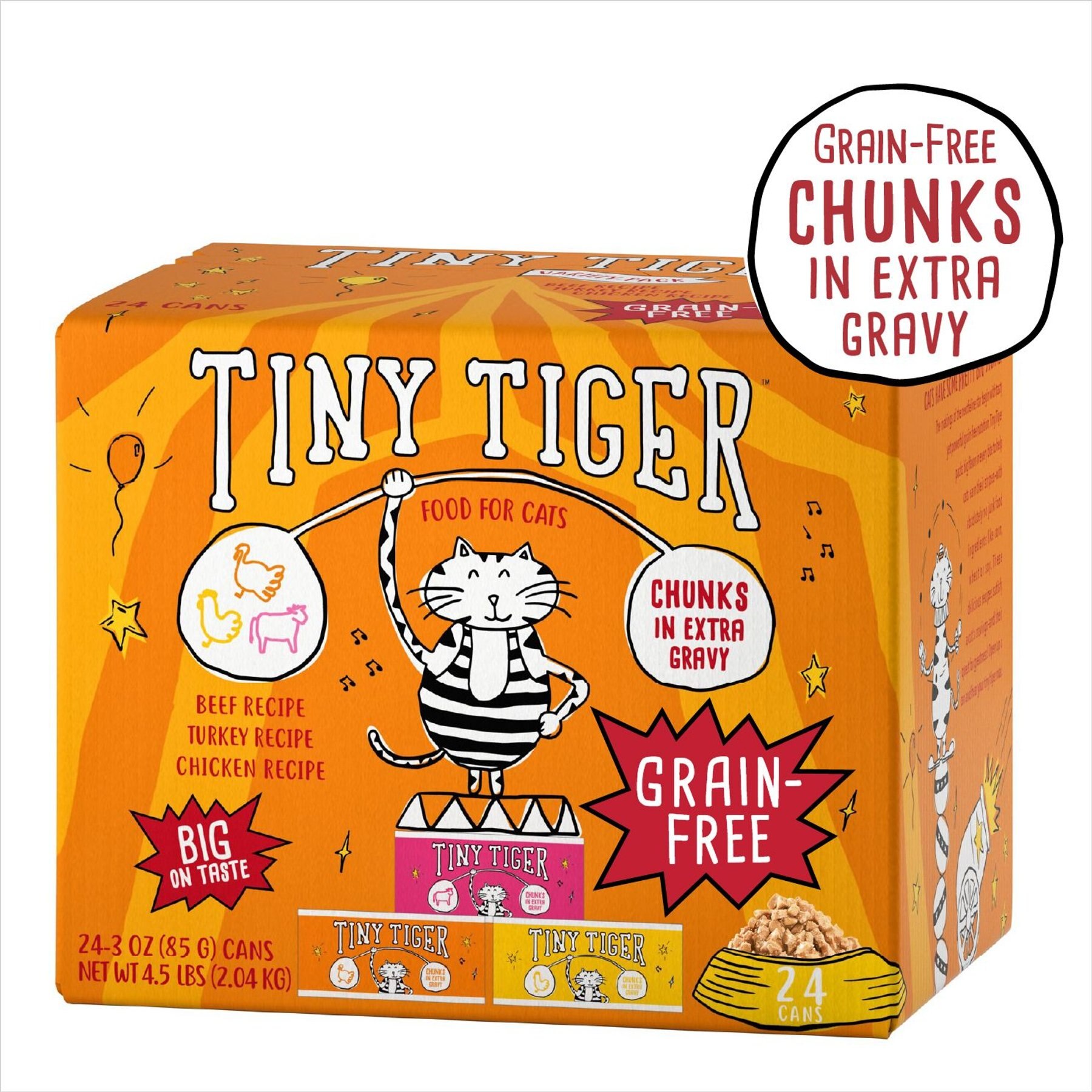 TINY TIGER Grain-Free Chunks in EXTRA Gravy Beef & Poultry Recipes Variety  Pack Canned Cat Food, 3-oz can, case of 24 - Chewy.com