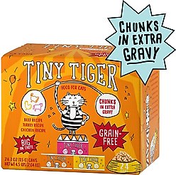 Tiny Tiger Chunks in EXTRA Gravy Beef & Poultry Recipes Variety Pack Grain-Free Canned Cat Food, 3-oz can, case of 24