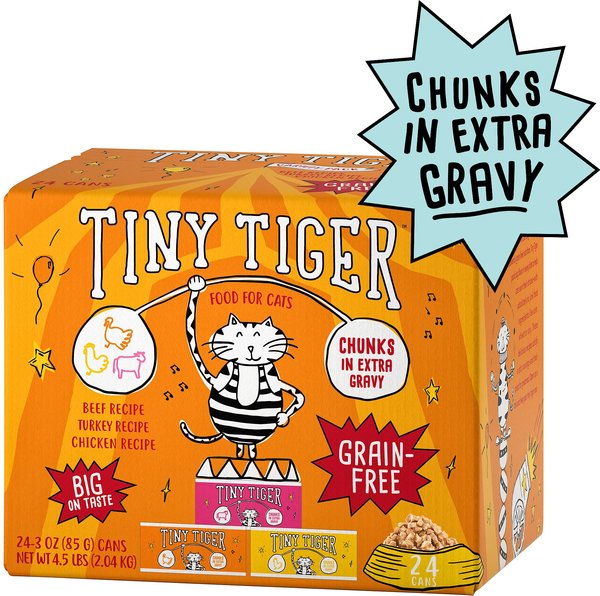 Tiny Tiger Chunks in EXTRA Gravy Beef & Poultry Recipes Variety Pack Grain-Free Canned Cat Food, 3-oz, case of 24 slide 1 of 9