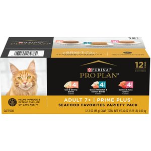 Purina Pro Plan Senior Adult 7+ Seafood Favorites Pate Variety Pack Canned Cat Food, 3-oz can, case of 12