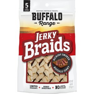Buffalo Range All Natural Grain-Free Jerky Braid Rawhide Dog Treats, 5 count