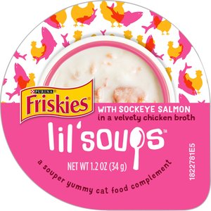 Friskies Lil' Soups with Sockeye Salmon in a Velvety Chicken Broth Cat Food Topper, 1.2-oz cup, case of 8