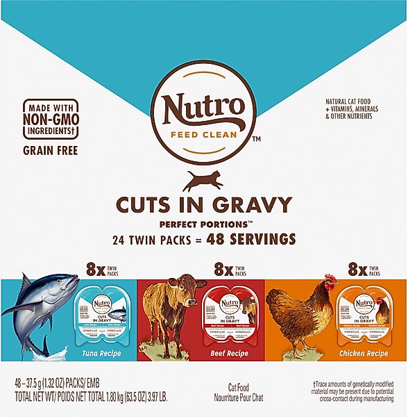 Nutro Perfect Portions Grain-Free Cuts in Gravy Variety Pack Beef, Tuna & Chicken Recipe Adult Wet Cat Food Trays, 2.64-oz, case of 24 twin-packs slide 1 of 9