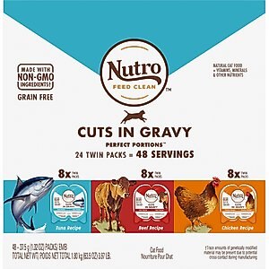 Nutro Perfect Portions Grain-Free Cuts in Gravy Variety Pack Beef, Tuna & Chicken Recipe Adult Wet Cat Food Trays, 2.64-oz, case of 24 twin-packs